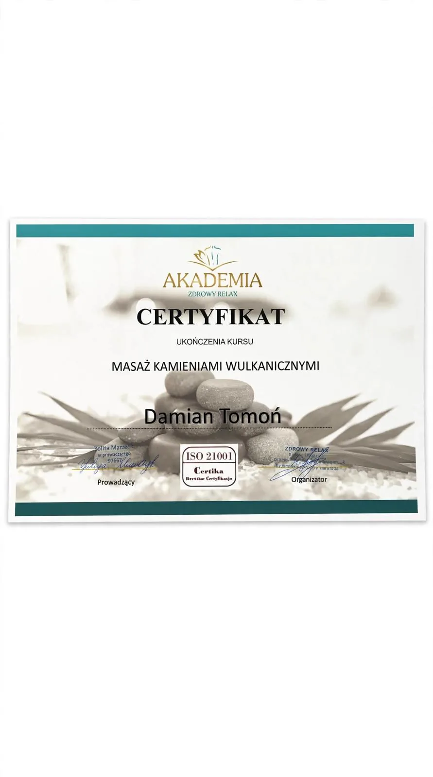 Certyfikat masażu kamieniami wulkanicznymi — masaż z dojazdem do domu