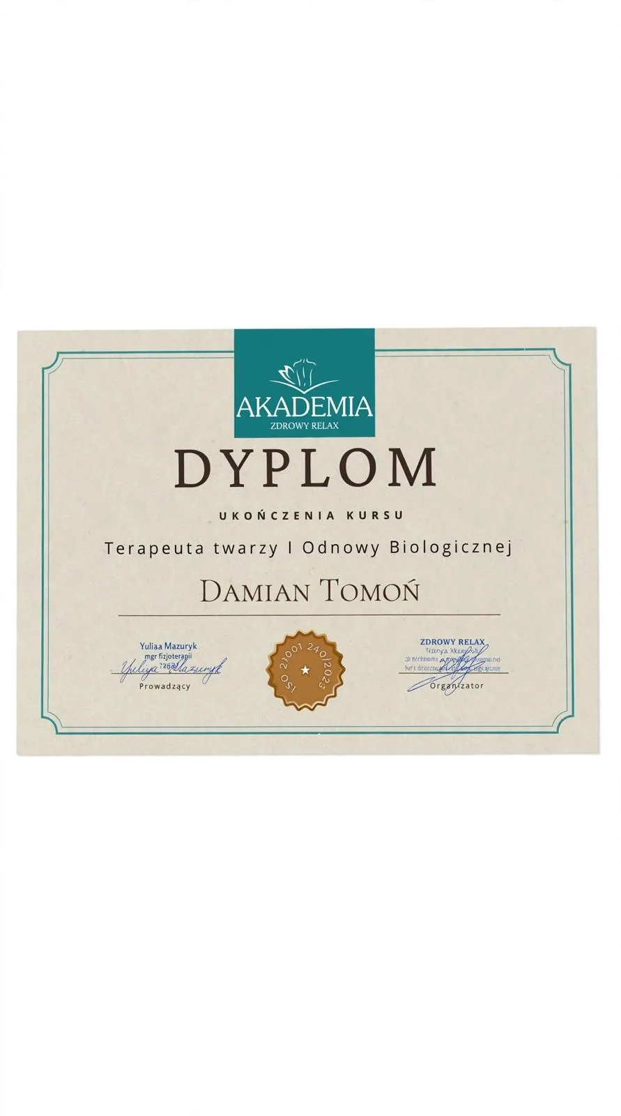 Certyfikat terapeuty twarzy i odnowy biologicznej — masażysta mobilny Brzozów